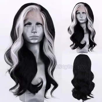 Black Wig with White Highlights Long Body Wave Wig 13x4 Lace Front Wigs for Women Synthetic Hair Glueless Natural Hairline Wigs