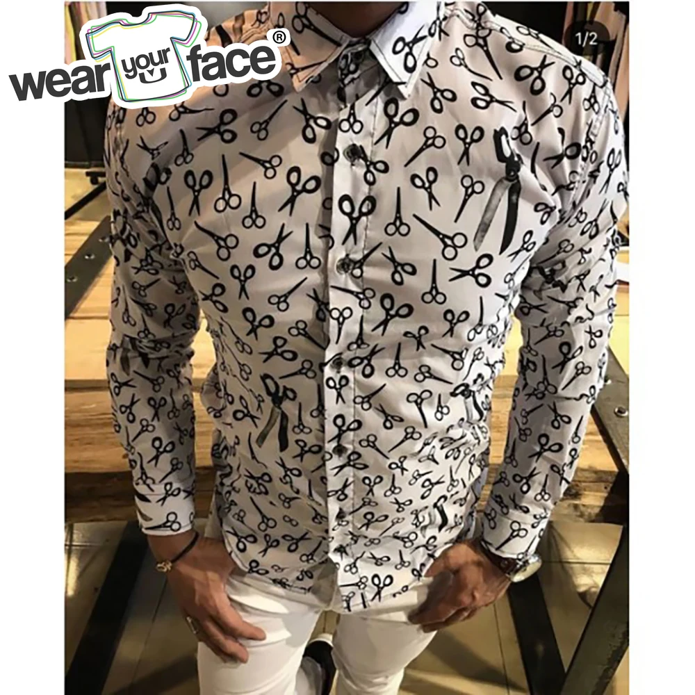 Barbershop Scissors Pattern Dress Shirts 3D All Over Printed Hawaiian Button Up Full Sleeve Streetwear Casual Men Clothing