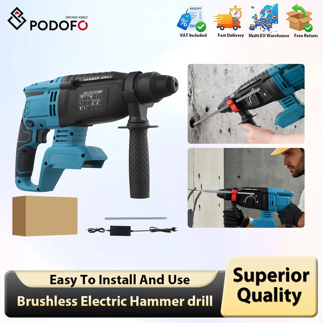 Podofo 26MM borstelloze elektrische boorhamer Multifunctionele roterende compacte hamer Oplaadbare boormachine voor Makita 21V batterij