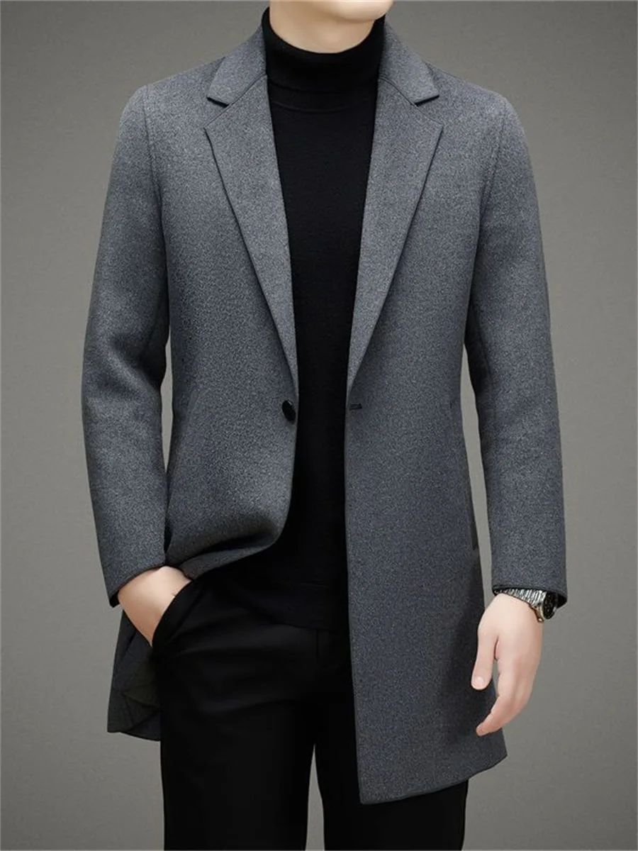 

Casual Male Wool Trench Coat 2023 Autumn Winter Black Gray Khaki Business Single Button Men Both Sides Woolen Windbreaker Jacket