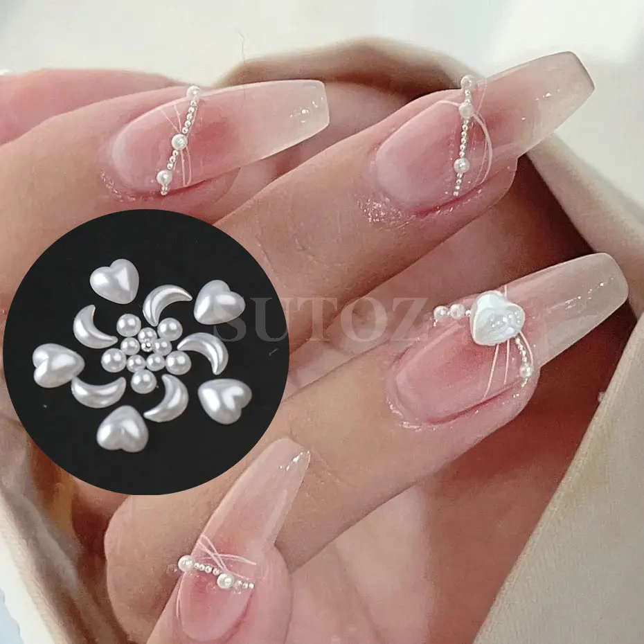 Sieraden Parels Witte Nagels Decoratie Hart Maan Plaksteen Gems Sliver Bead Strass Steentjes Wedding Nail Ornament # Jky