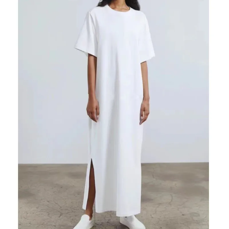 

THE * Simple round neck, loose and lazy style, slim side slit, versatile solid color cotton straight tube long skirt for women