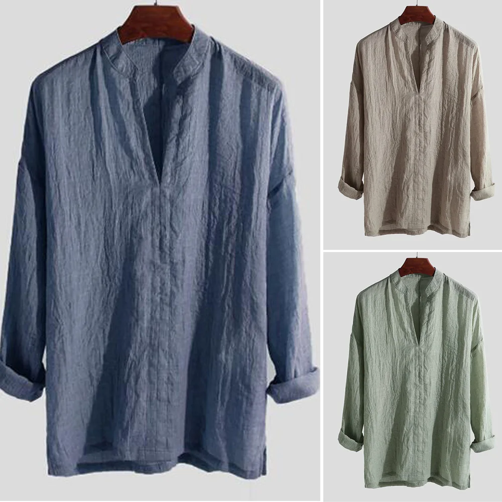 

Men Chinese Style Cotton Solid Color Shirt Casual Loose Tops Breathable T-shirts Fit V-neck Long Sleeve Pullover Men's Clothing