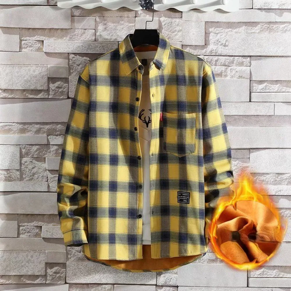 Autumn winter new plush plaid shirt men's long sleeved Korean version trend loose top thickened warm shirt jacket men's clothing