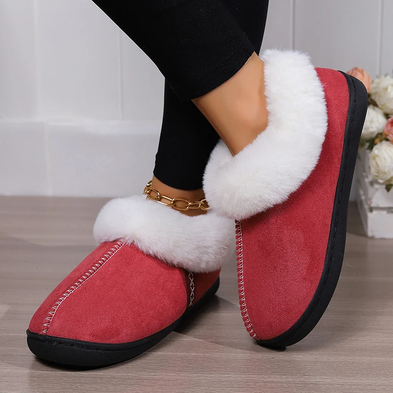 2024 Winter Warm Fur Indoor Home Slippers Women Faux Suede Closed Toe Couple Slippers Woman Comfort Soft Sole House Shoes Slides 6