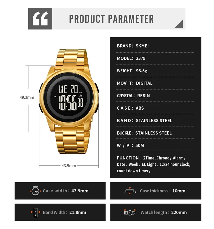SKMEI 2379 Luxury Stainless Steel Waterproof Watch for Men Electronic Sports Digital Mens Wristwatches Man Clock Reloj Masculino