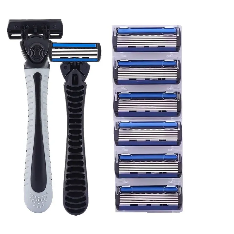 (1 Shaver Holder+6 Replacement Heads) 6-Layers Blade Manual Shaver Safety Razor For Men Barber Shaving Tool Body Hair Removal 2