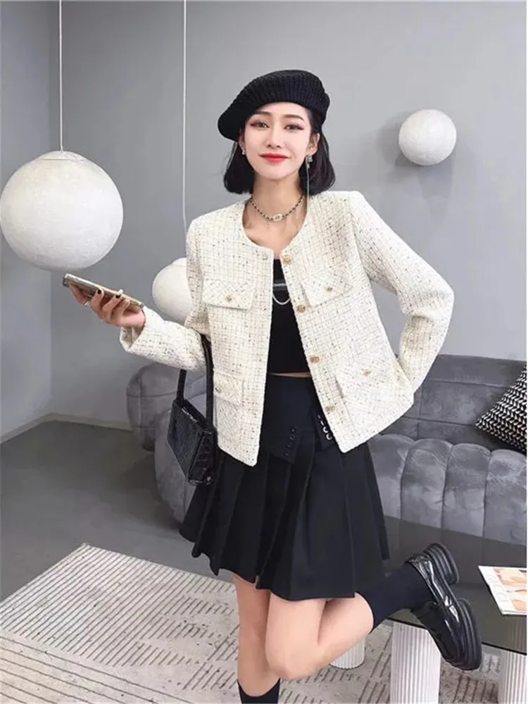 New Autumn Winter Vintage Off-white Tweed Weave Jacket Coat