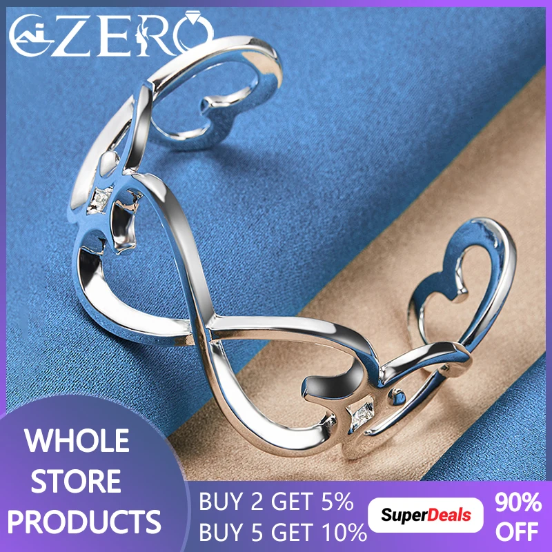 ALIZERO 925 Sterling Silver Heart Bracelet For Woman Jewelry Opening Bangle Wedding Engagement Party Fashion Charm Accessories