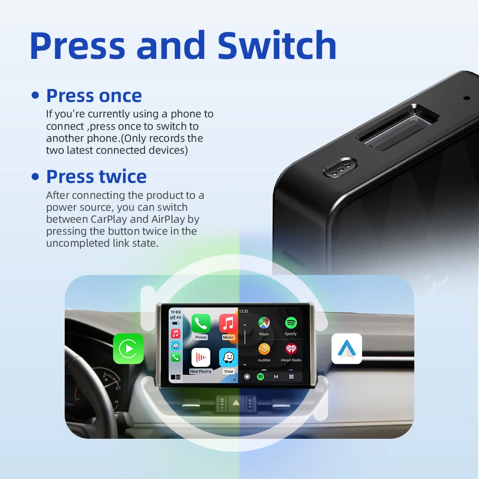 OTTOCAST 3-in-1 draadloze adapter, ondersteunt Carplay Android Auto AirPlay Plug & Play automatische verbinding compatibel met auto's met bekabelde CarPlay of Android Auto (AirPlay alleen voor iPhone