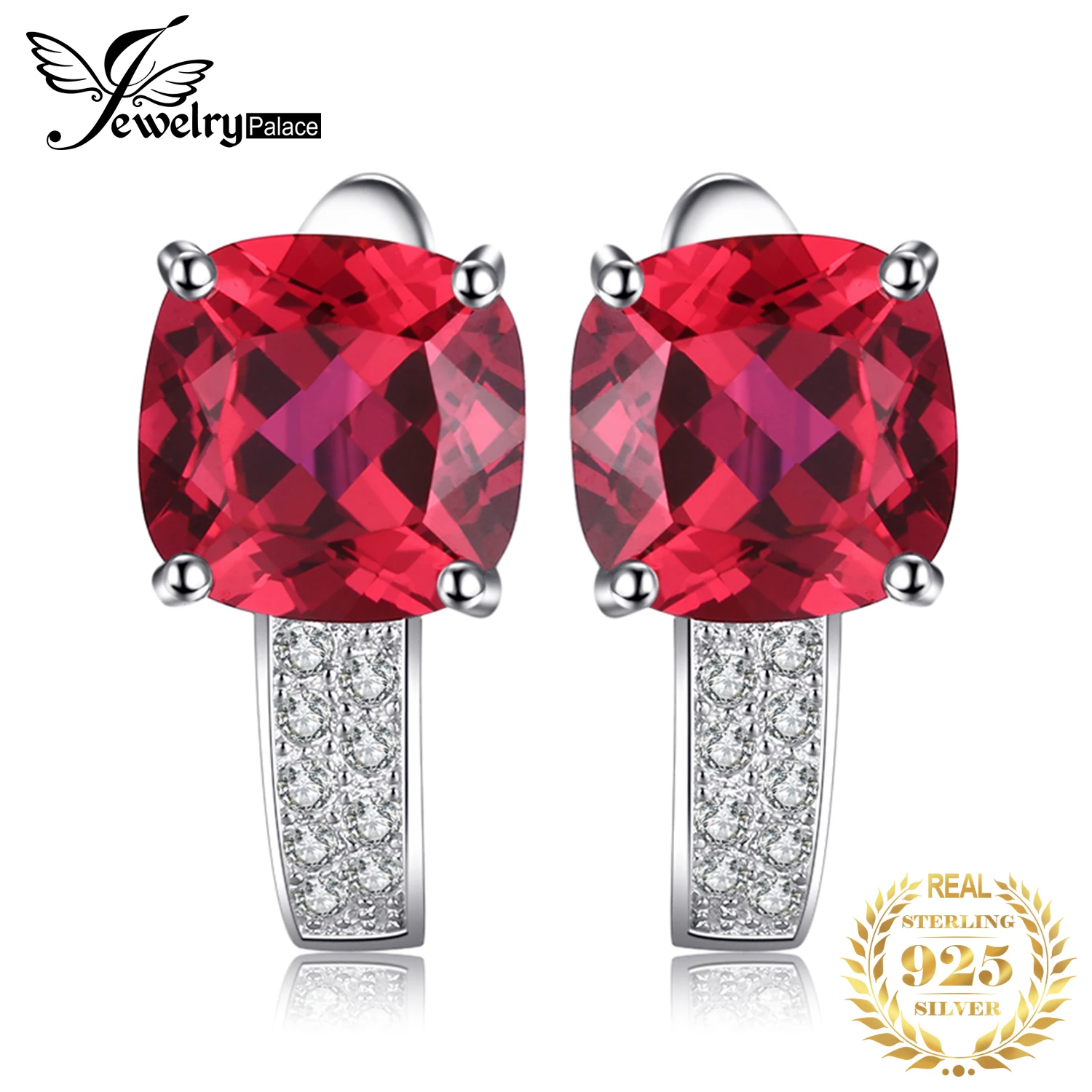 JewelryPalace 4.4ct Created Red Ruby 925 Sterling Silver Hoop Earrings for Women Cushion Cut Gemstone Jewelry Anniversary Gift