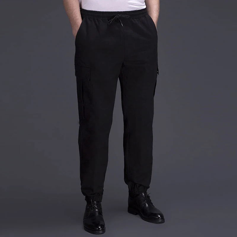 Military Style Chef Pants Restaurant Kitchen Cook Trouser Men Black Elastic Waist Bottoms Catering Work Pants Multiple Pockets