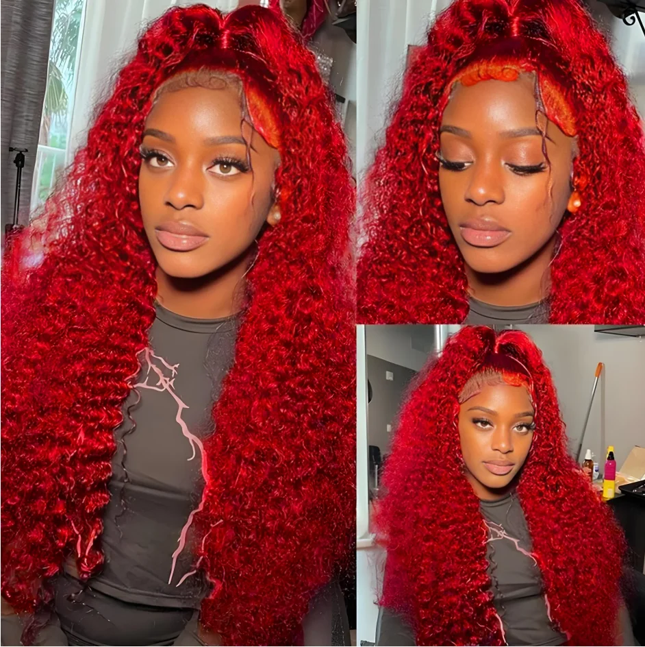 13x4 Red Curly Water Deep Wave Lace Frontal Wigs Human Hair 200% Density 13x6 Red Lace Front Human Hair Wig For Women 30 40 Inch 3