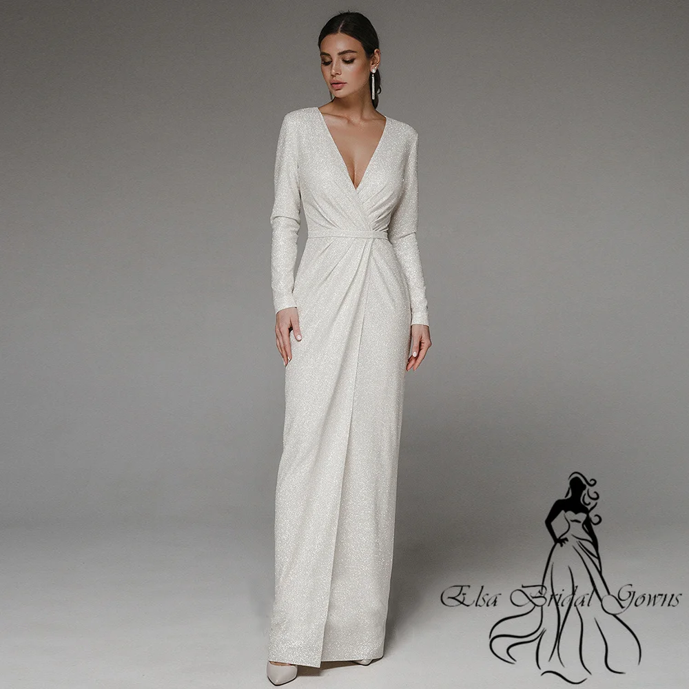Customized Wedding Dresses New Arrivals V-Neck Simple Long Sleeves Sequin Bride Dress Side Split Mermaid Elegant Party Gowns 5