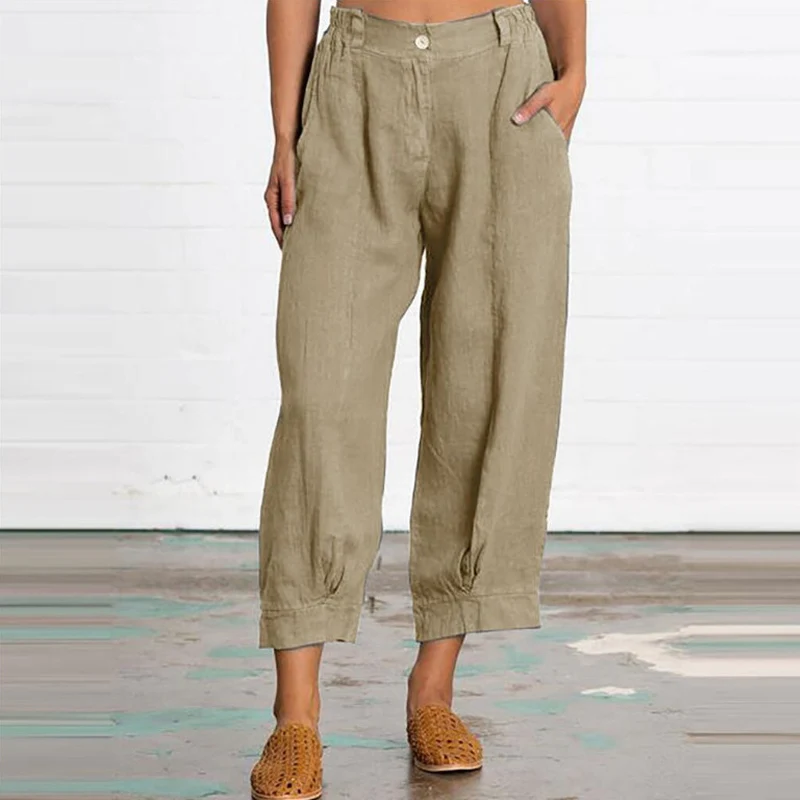 

Casual Solid Loose Cropped Pants with Pockets Summer Vintage Cotton Linen Mid-waist Pants Women Streetwear Pantalon Femme 26259