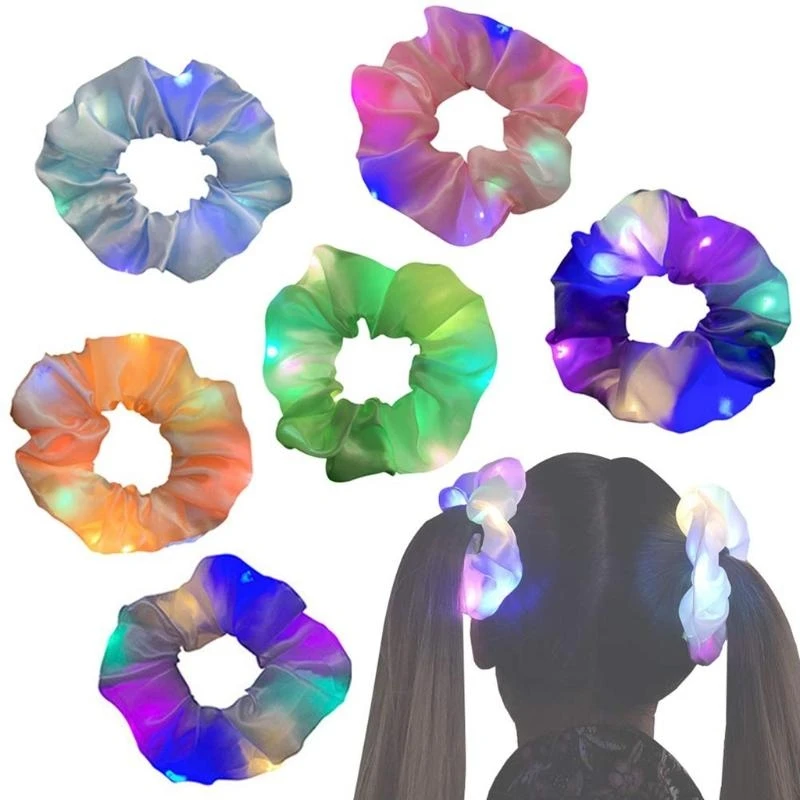 Y4NB 6Pcs LED 조명 머리 Scrunchies 다채로운 빛나는 새틴 부드러운 헤어 타이 밴드 탄성 포니 테일 홀더 파티 호의
