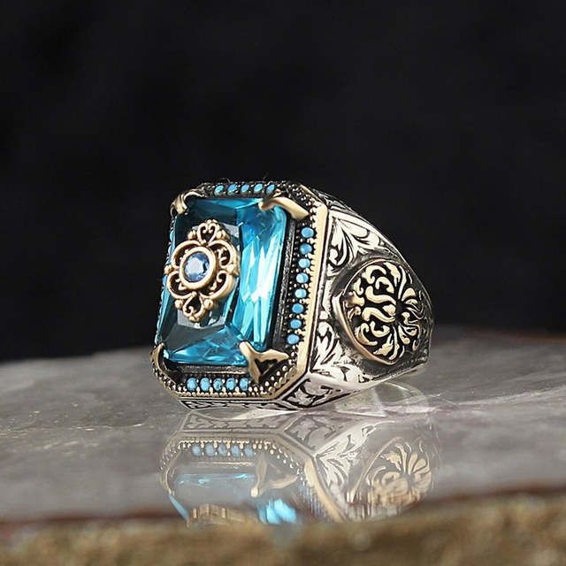 Handmade Turkish Signet Ring for Men Vintage Silver Color Carving Pattern Inlay Green Zircon Party Punk Motor Biker Ring