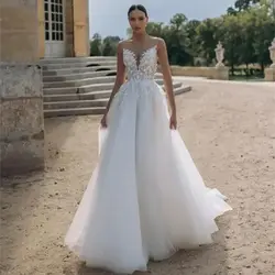 White Tulle Wedding Dresses Sheer Straps Vestido de Novia Lace Applique Party Guest Gown Open Back Boho Rode De Moriee