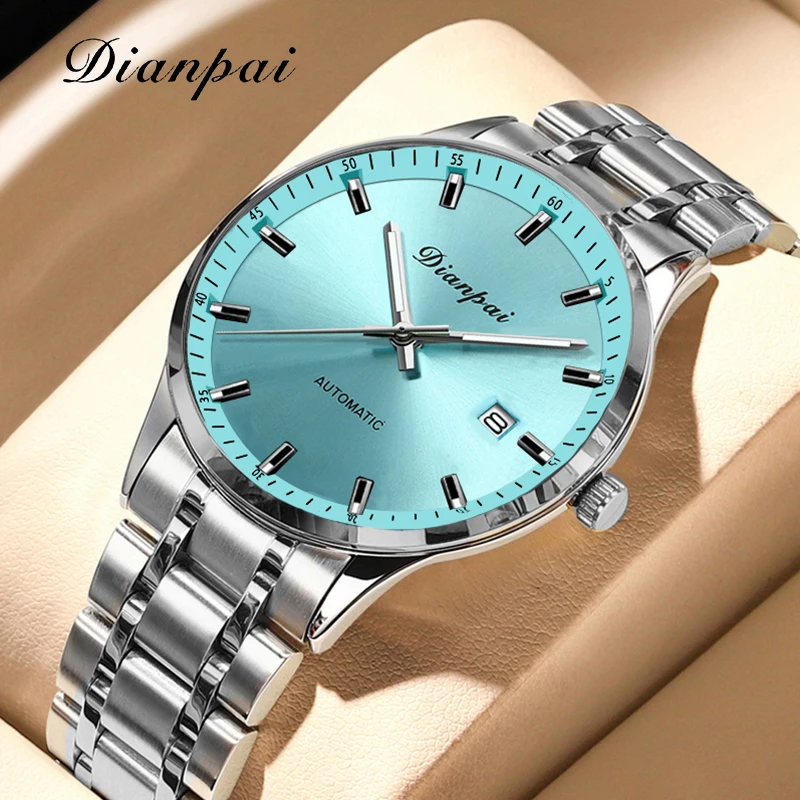 Dianpai New Men's Fully Automatic Mechanical Watch Stainless Steel Calendar Men's Waterproof Luminous Blue Watch mechanical watch
