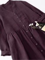 Women's Cotton Linen V-Ne Dr Two-Way Wear Long Sve Gown Button Sle A-Line Skirt Casual Commute Wind Spring Faion - Image 4