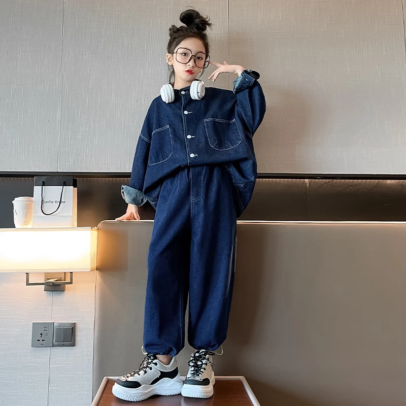 

2 Piece Sets Girls Outfits For Kids Clothes 4yrs To 12yrs Children Front Pocket Drop Shoulder Denim Shirt & Jeans Set Clothing