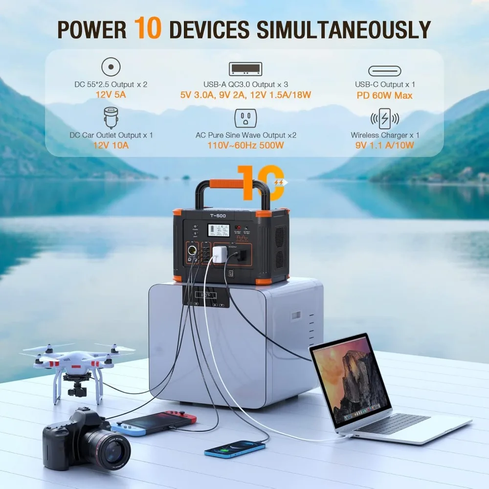 Portable Power Station 500W(Peak 1000W), 519Wh Outdoor Solar Generator Backup Battery Pack with 2 110V AC Outlets, 5