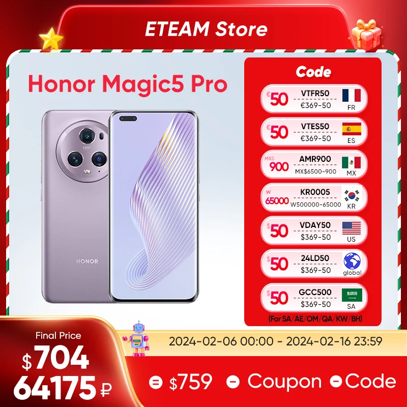 Honor Magic 5 Pro Snapdragon 8 Gen 2 Versione Globale 12Gb 512Gb 120Hz Triple 50Mp Fotocamere 100X Zoom Digitale 66W Super Charge