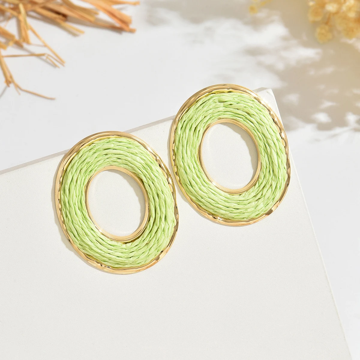 Boho Summer Multicolor Oval Rattan Knit Earrings for Women Girl Trendy Sweet Handmade Raffia Circle Big Earrings Fashion Jewelry