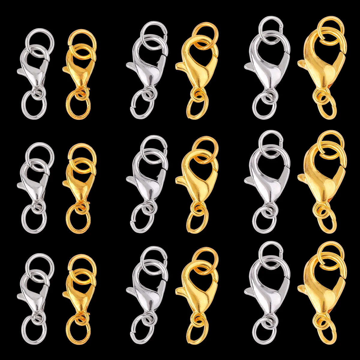 

10Set Gold Rhodium Plated 10/12/14mm Lobster Clasp Jump Rings Connector Hooks For DIY Bracelet Necklace Jewelry Making Supplies