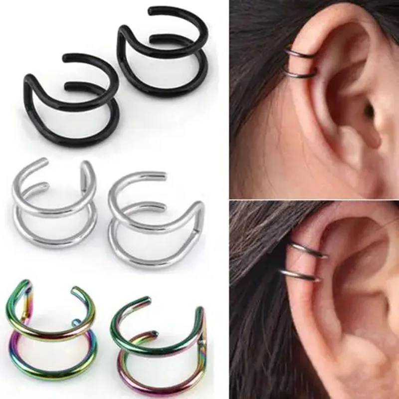 2pcs Stainless Steel Clip Earrings 2-Row Fake Cartilage Ear Nose Lip Cuff Clip On Earrings Gift