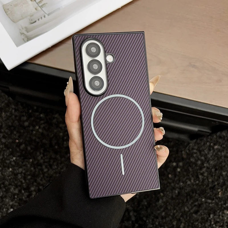 ELVEV Magnetic Luxury Carbon Fiber Pattern Leather Case with Wireless Charging Back Shell