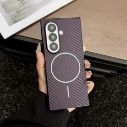 ELVEV Magnetic Luxury Carbon Fiber Pattern Leather Case with Wireless Charging Back Shell - Galaxy Z Fold7 (Purple)