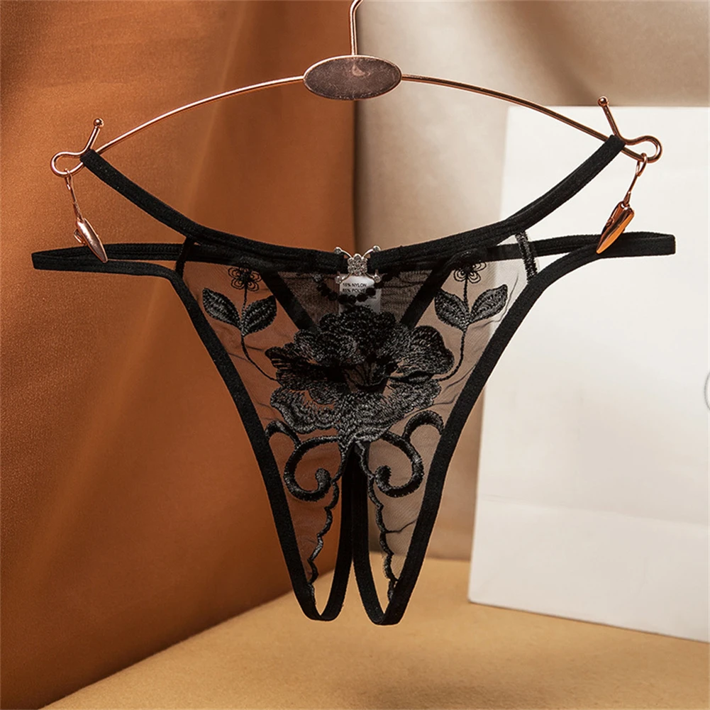 

Women Sexy Lace Thong Floral Embroidery Lingerie Crothless T-Back Underwear Solid Hollow Bikini G-string Low Rise Panties