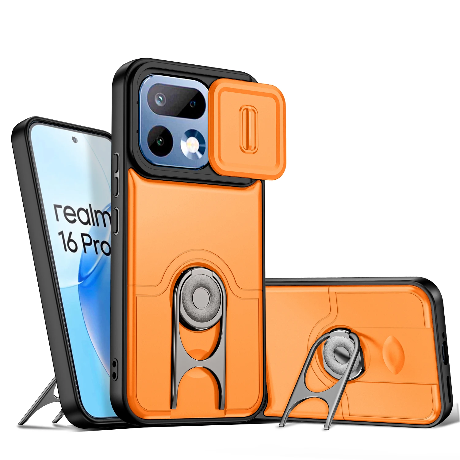 Durable Armor Case with Ring Holder and Slide Lens Camera Protector
