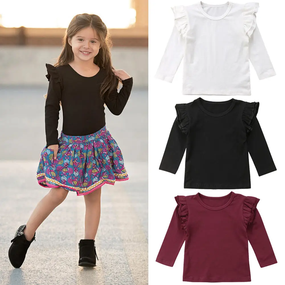 Baby Girl Long Sleeve Top Solid Color Ruffle Design T-shirt Suitable for Autumn and Spring Baby Clothing Cotton Casual Kids Tops