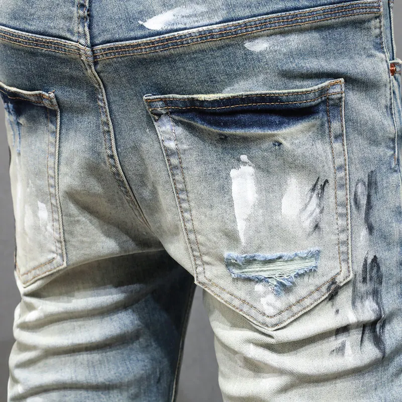Streetwear Fashion Men Jeans Retro Blue Stretch Skinny Fit Ripped Jeans Men Splashed Painted Designer Hip Hop Brand Pants Hombre