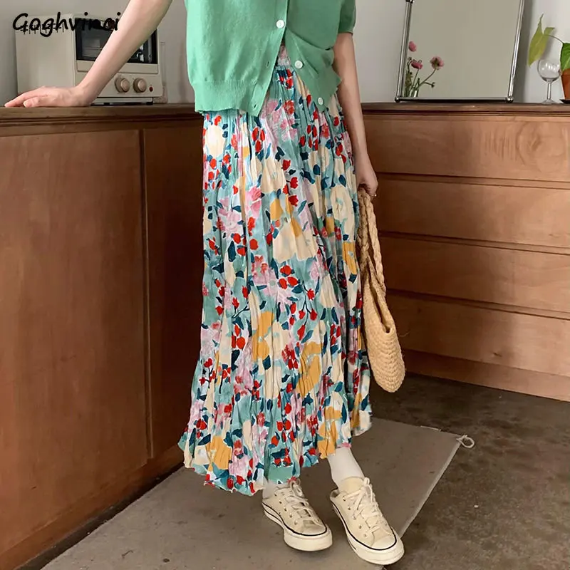 

Midi Skirts Women Pleated Loose Floral Prairie Chic French Style Elegant Literary Elastic Waist Summer Temper Streetwear Casual
