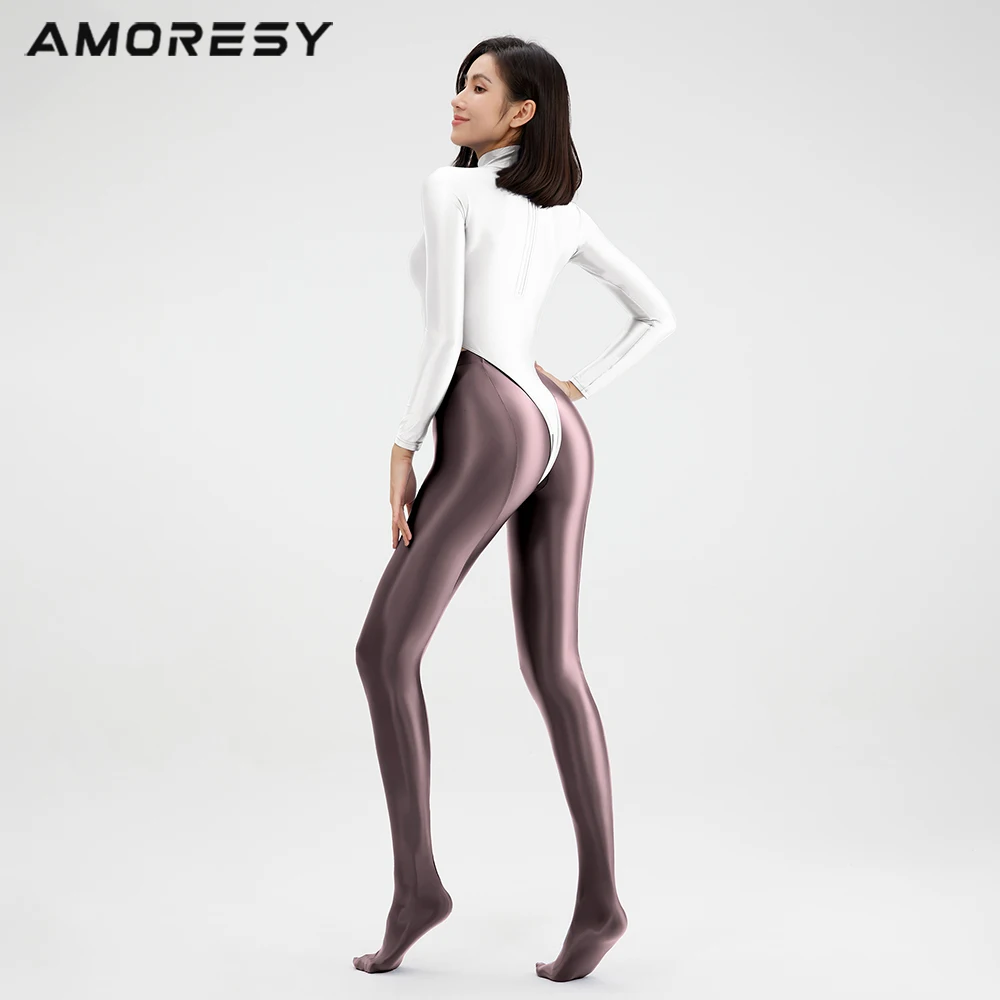 Women Sexy Oil Glossy One Piece Swimsuit Tights Long Sleeve Smooth High Neck Thong Back Zipper Surfing Swimsuit Bodysuit one piece swimsuit women swimsuit