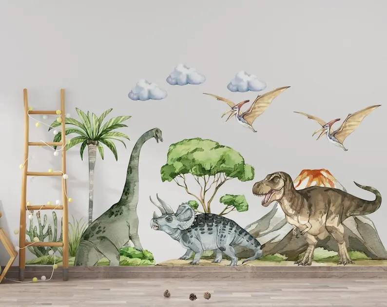 Wandaufkleber Dinosaurier Landschaft Poster, Selbstklebend