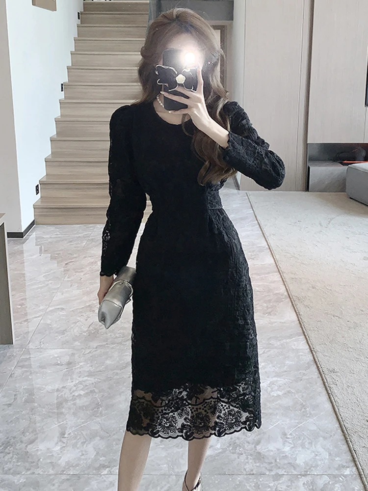 knee length dresses for ladies Black Lace Wedding Dress with Sexy Sheer Open Back and Long Sleeves