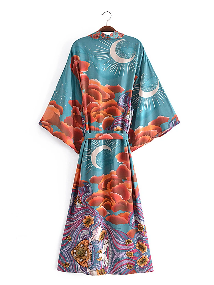 Women Star and Moon Floral Print Bat Sleeve Beach Bohemian Kimono Dress Robe Ladies Summer Boho Bikini Cover-ups