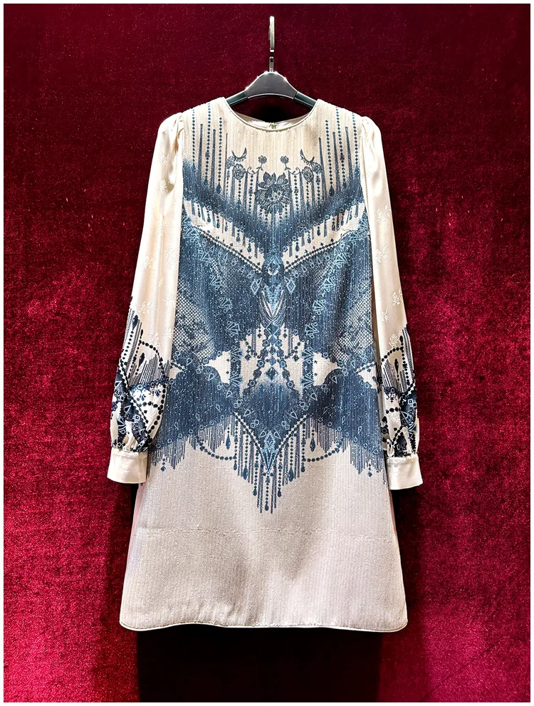 

European and American women's clothes 2024 spring new Round neck Long sleeve heavy sequin printing Fashion dress