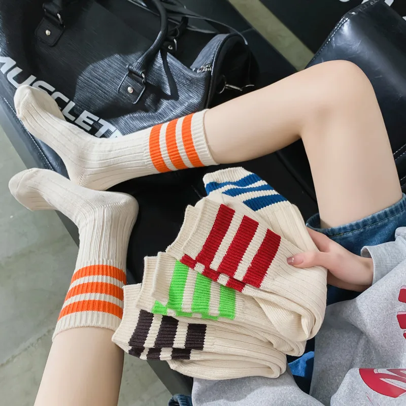 

Japanese Style Double Needle Thick Thread Three Bar Stripe Vintage Mesh Red Ins Men's and Women's Sports Combed Cotton Mid Tube