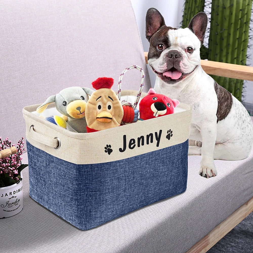 Cotton Felt Dog Toy Basket With Handle - Foldable Storage Bin For Pet Toys, Leashes, Blankets & Treats - Easy Clean