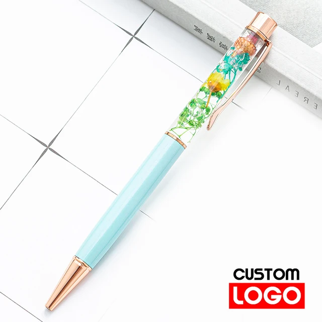 New Eternal Life Flower Oil Pen Metal Ballpoint Pen Lettering Engraved Name Advertising Pen Custom Logo Stationery Wholesale Light blue