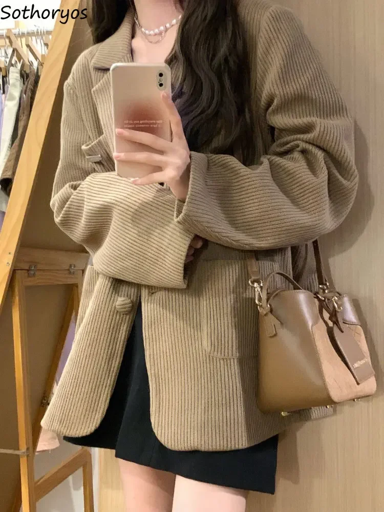 

Блейзеры женские с английским вырезом, удобные повседневные Модные свободные однотонные элегантные универсальные в стиле ретро, в Корейском стиле, для студентов, Осень-зима