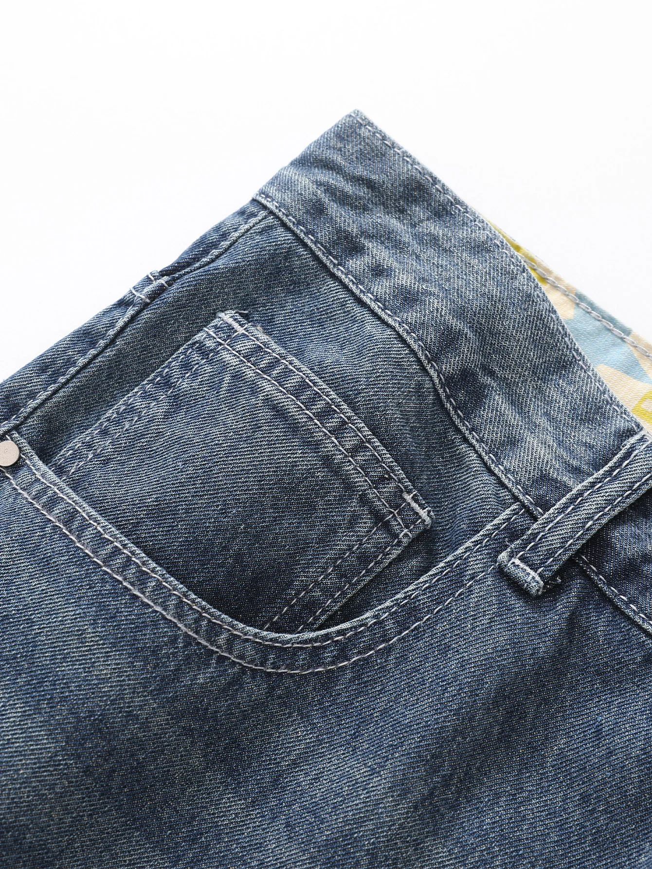 Men's Straight Non-stretch Cotton Casual Fashion Denim Pants Ripped Frayed Bleach Wash Jeans with Color Block