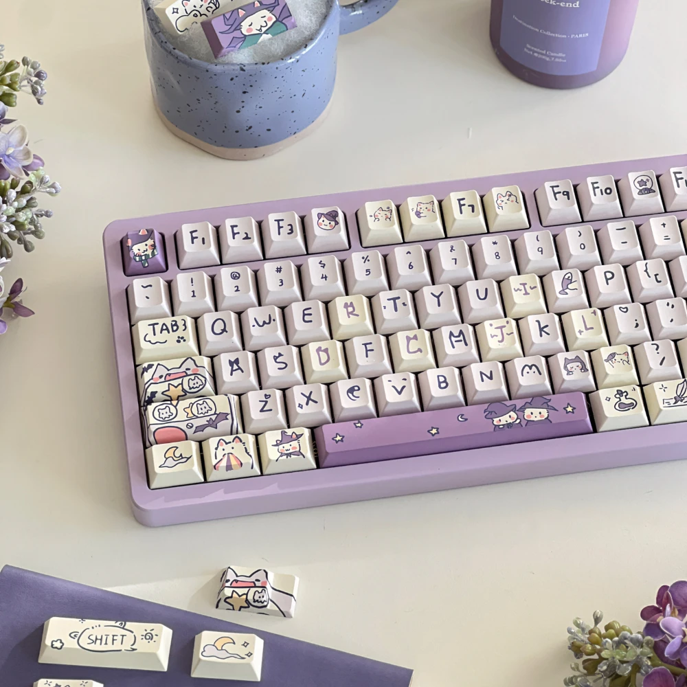 Teclado Mecânico Keycap Gato Roxo dos Desenhos Animados Roxo Mágico Bonito Meow Keycap Moa Cereja Mda Faça Você Mesmo 131 Chaves 150 Chaves - Imagem 3