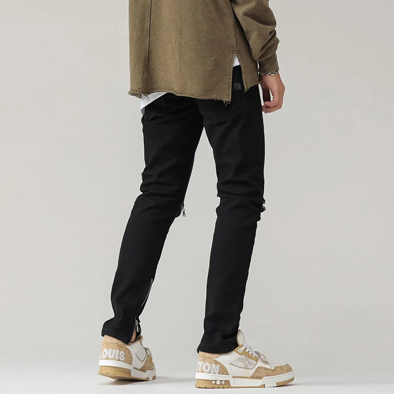 High Street Fashion Men Jeans Elastic Stretch Slim Fit Ripped Jeans Men Black Punk Trousers Zipper Designer Hip Hop Pants Hombre