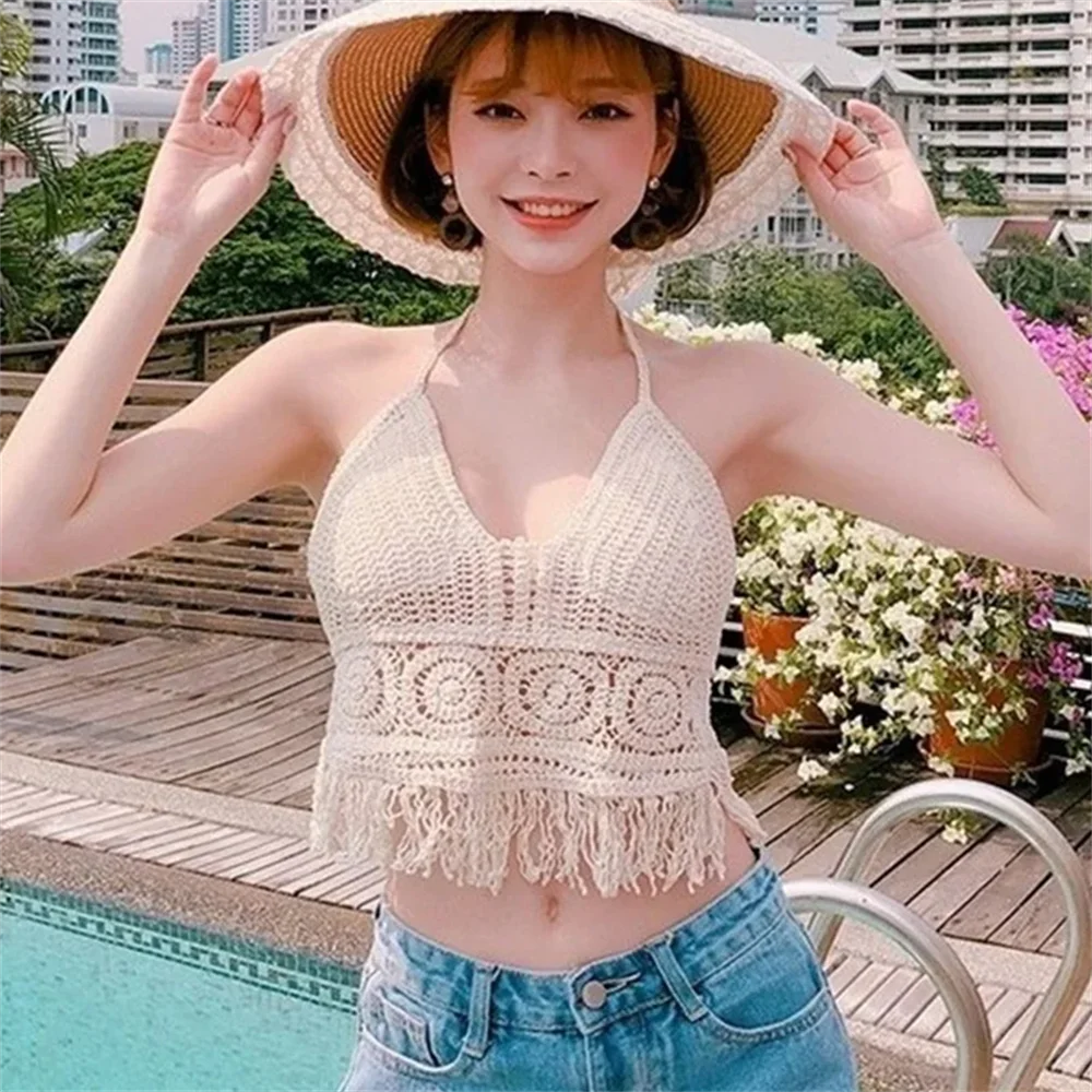 

2024 Sexy Summer Tank Top Women Hollow Out Crochet Crop Female Knit Deep V Boho Camisole Ladies Sleeveless See-Through Tops